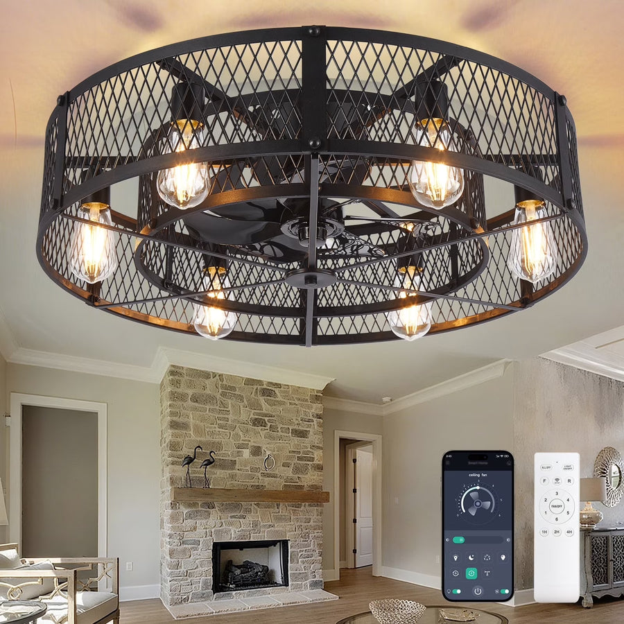26 - Inch Farmhouse Caged Ceiling Fan with Light, Remote & APP Control Quiet DC Motor E26 Bulbs Included Black